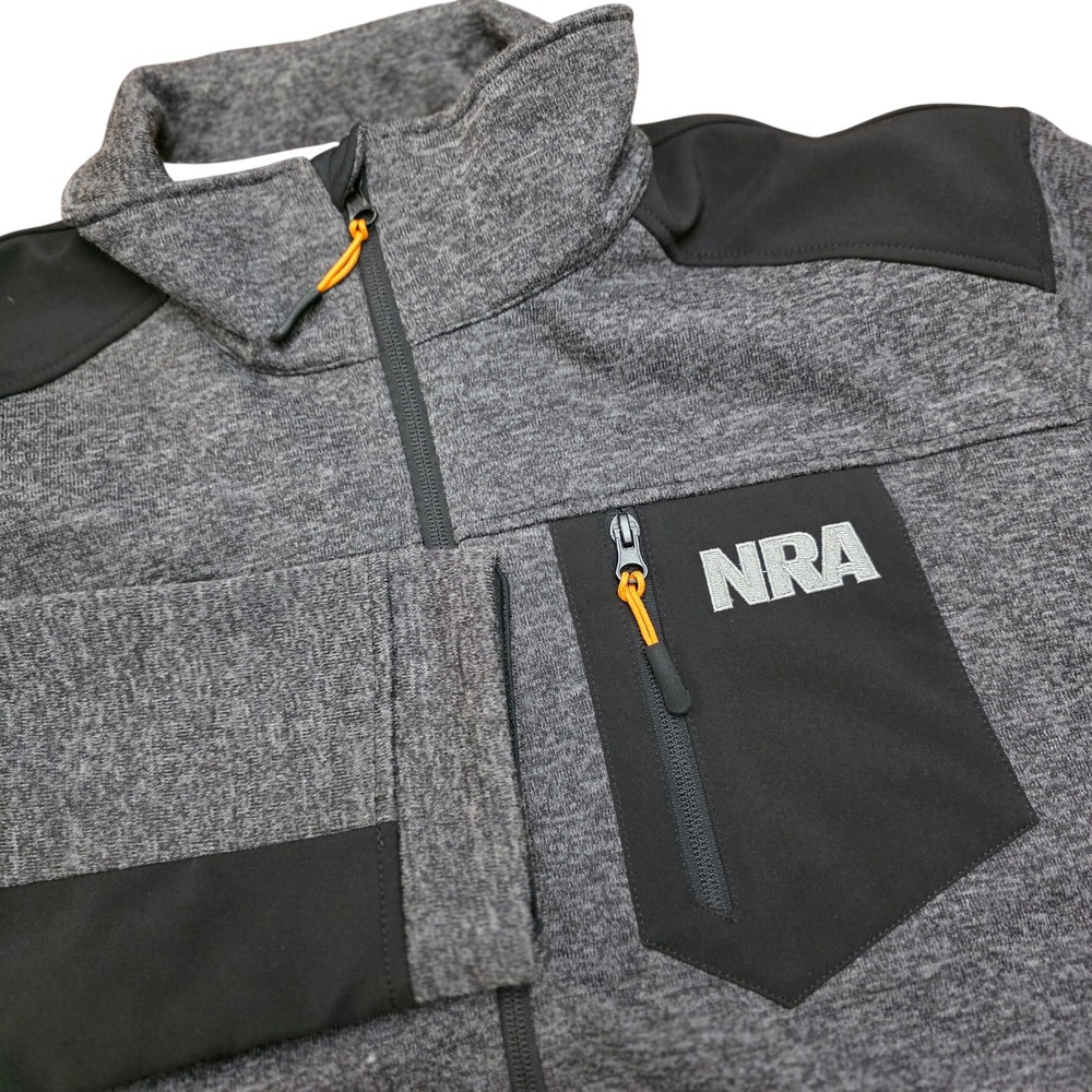 NRA Men's Large Grey Black Softshell Jacket Full Zip Logo Pockets National Rifle